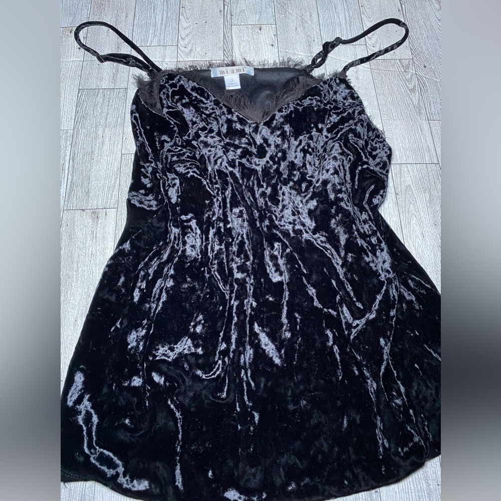 Miami Women’s Feather Cami Tank Top Black Crushed Velvet Burnout Fairy Whimsical
